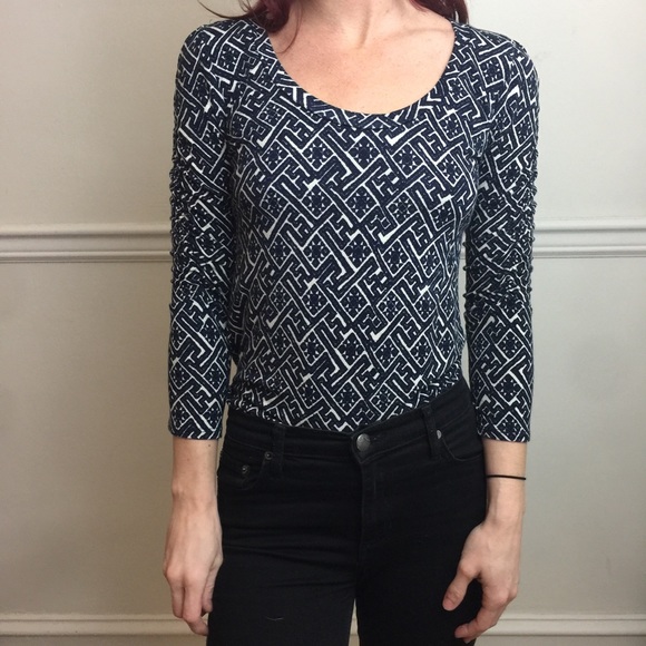 Anthropologie Tops - DOLAN Navy Printed Shirt Top Ruched Blouse
